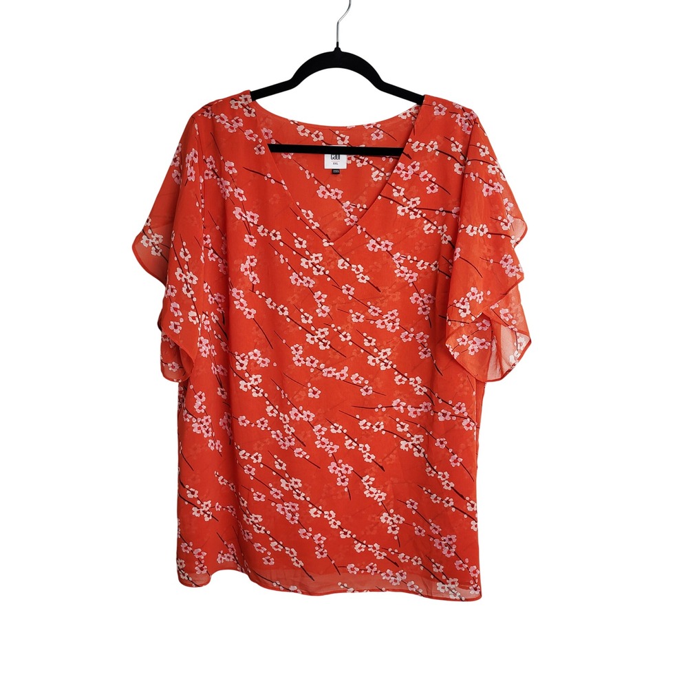 Cabi Cherry Blossom Top XXL Orange Pink Floral Sheer Split Flutter Sleeve Blouse